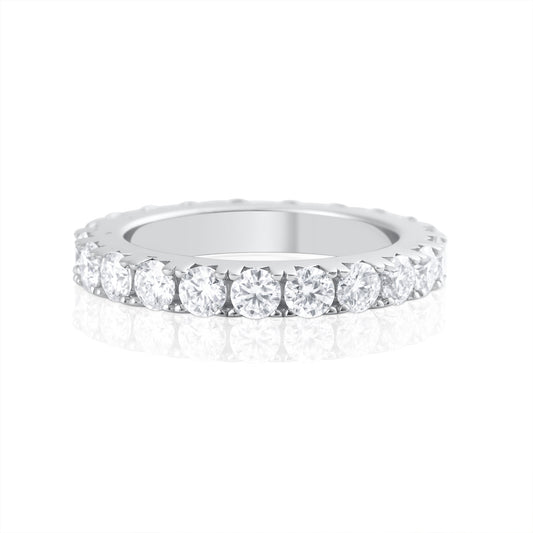 Front view of eternity ring with brilliant cut moissanite stones set in 925 sterling silver