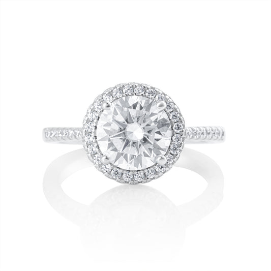 Front view of round halo moissanite ring with 2 ct brilliant cut center stone in 925 sterling silver