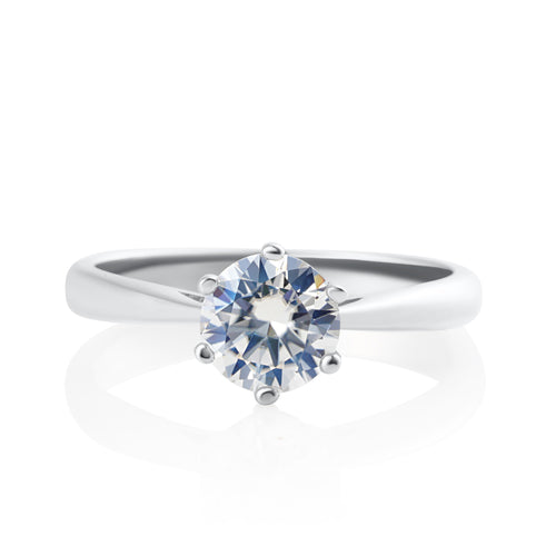 Front view of solitaire ring with 1 ct brilliant cut moissanite in 925 sterling silver
