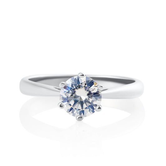 Front view of solitaire ring with 1 ct brilliant cut moissanite in 925 sterling silver