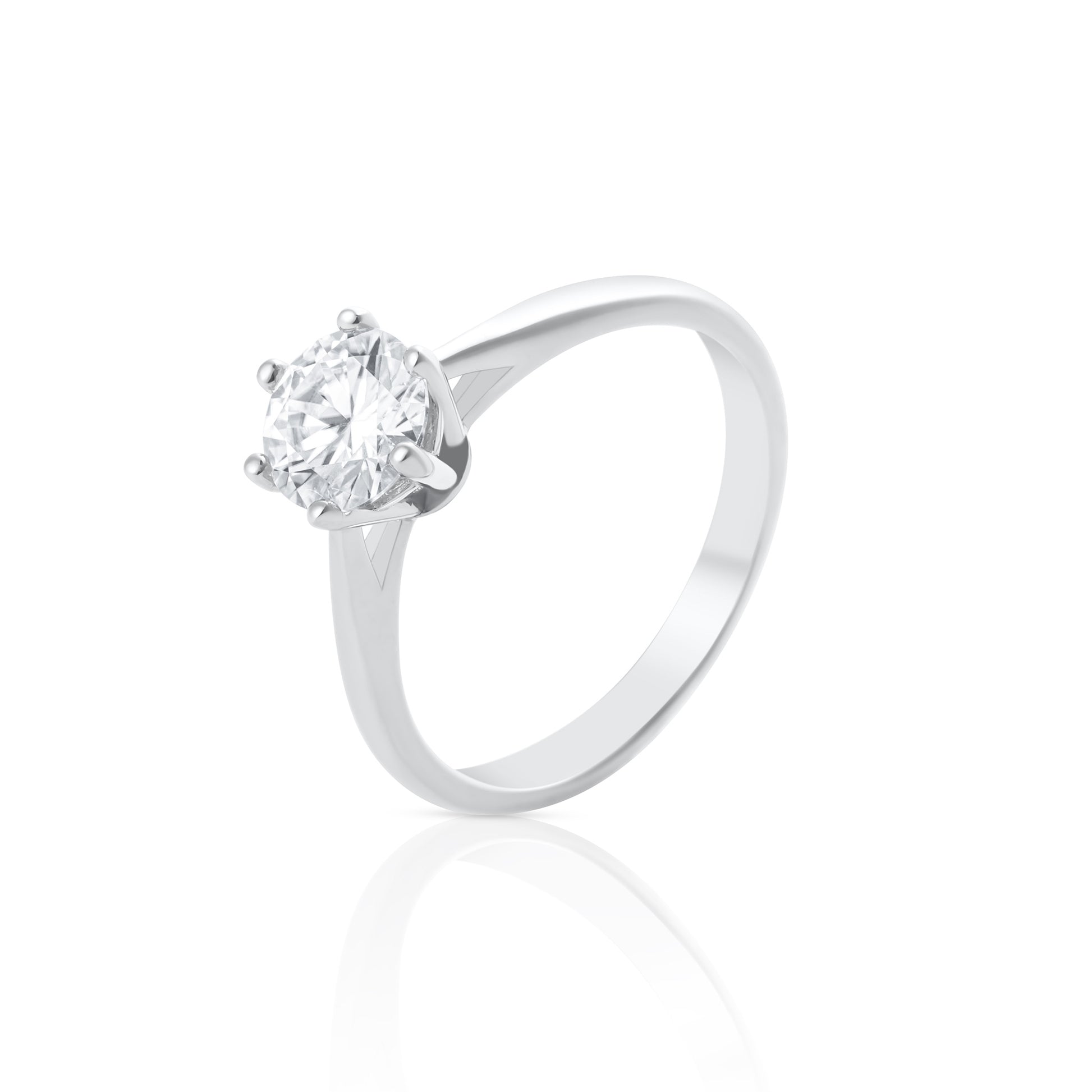 Side view of solitaire ring with 1 ct brilliant cut moissanite in 925 sterling silver