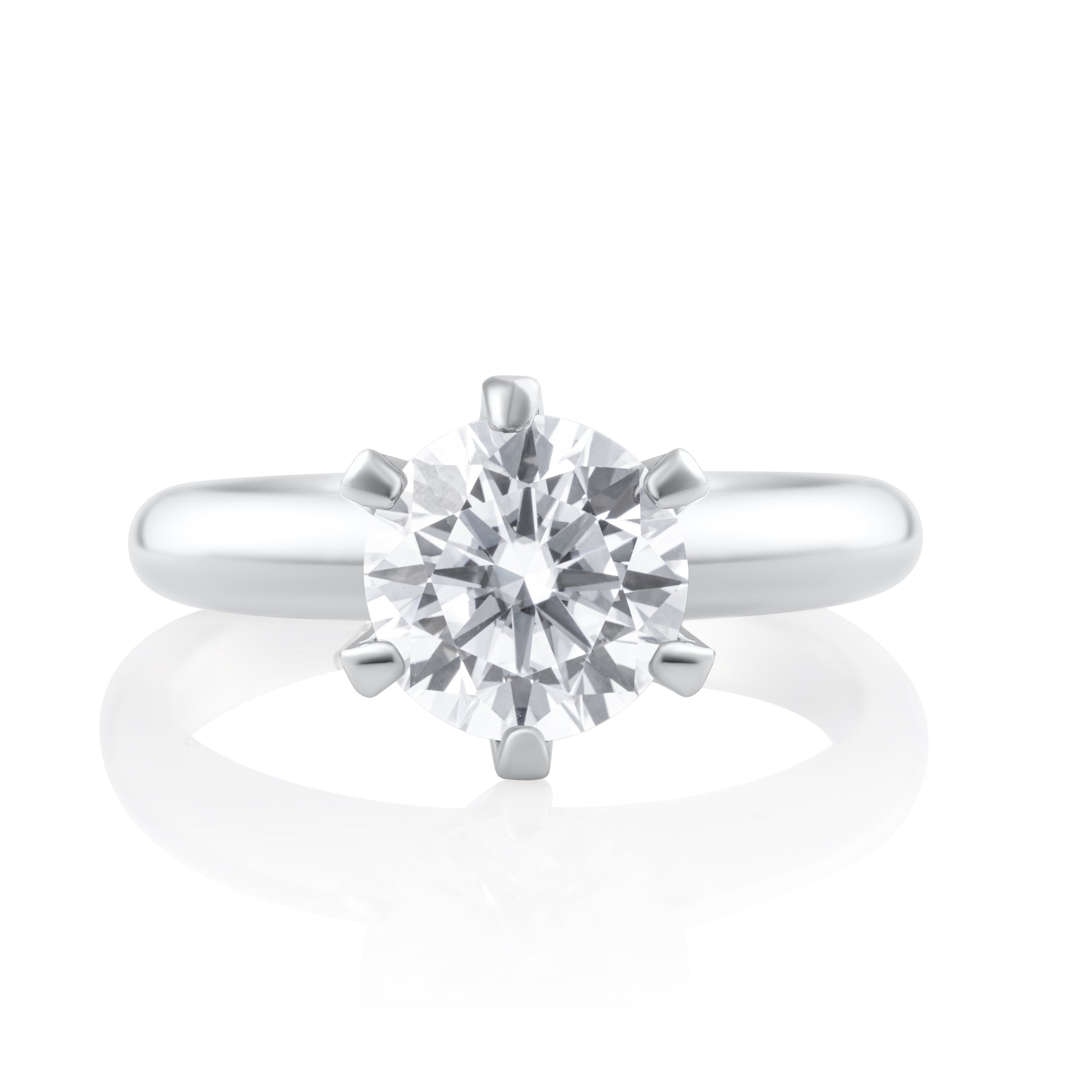 Front view of solitaire ring with 2 ct brilliant cut moissanite in 925 sterling silver