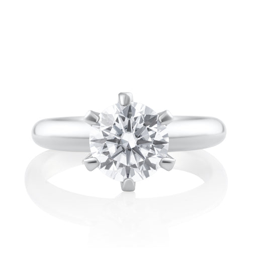Front view of solitaire ring with 2 ct brilliant cut moissanite in 925 sterling silver