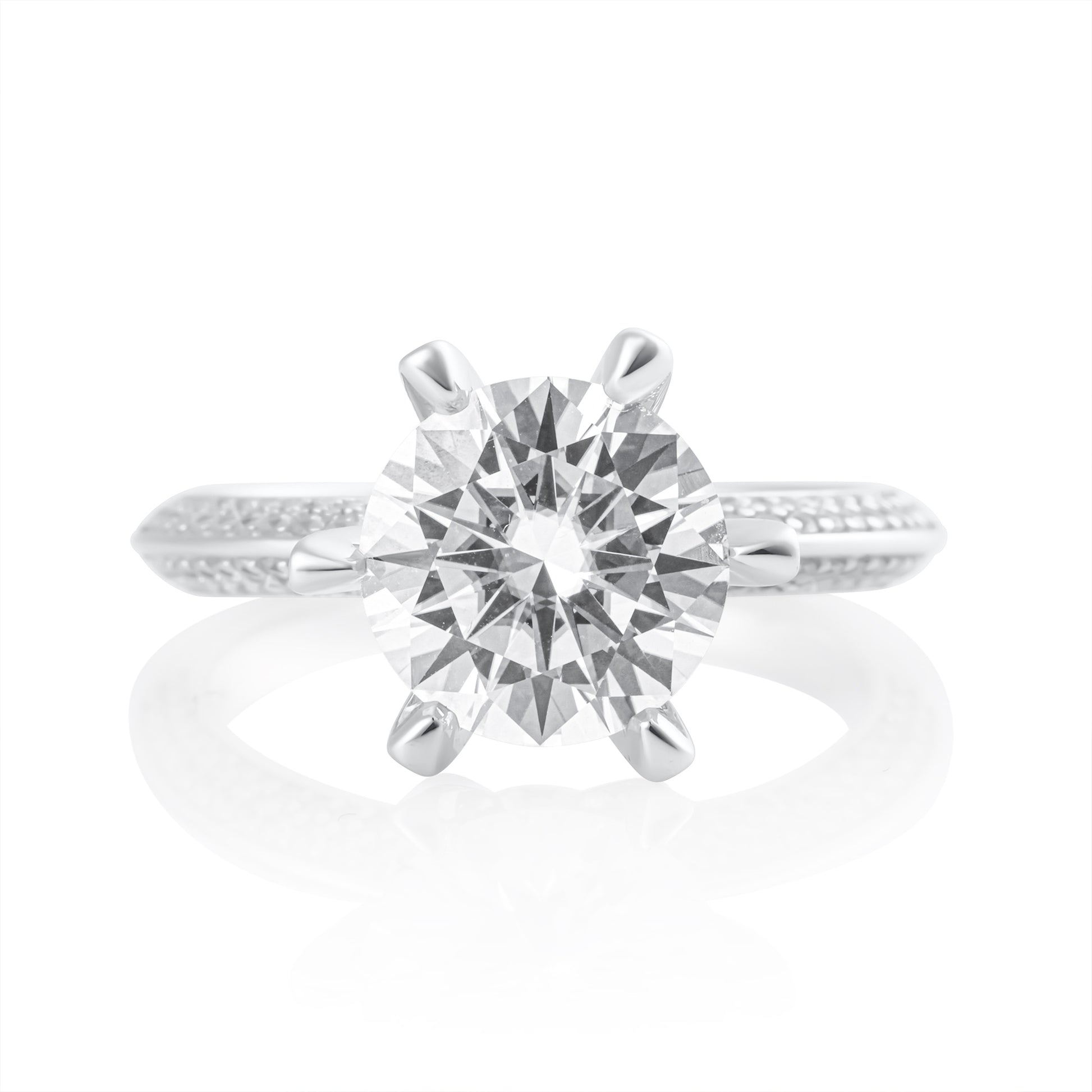 Front view of solitaire ring with 3 ct brilliant cut moissanite in 925 sterling silver
