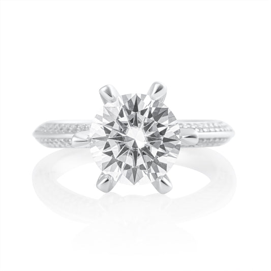 Front view of solitaire ring with 3 ct brilliant cut moissanite in 925 sterling silver