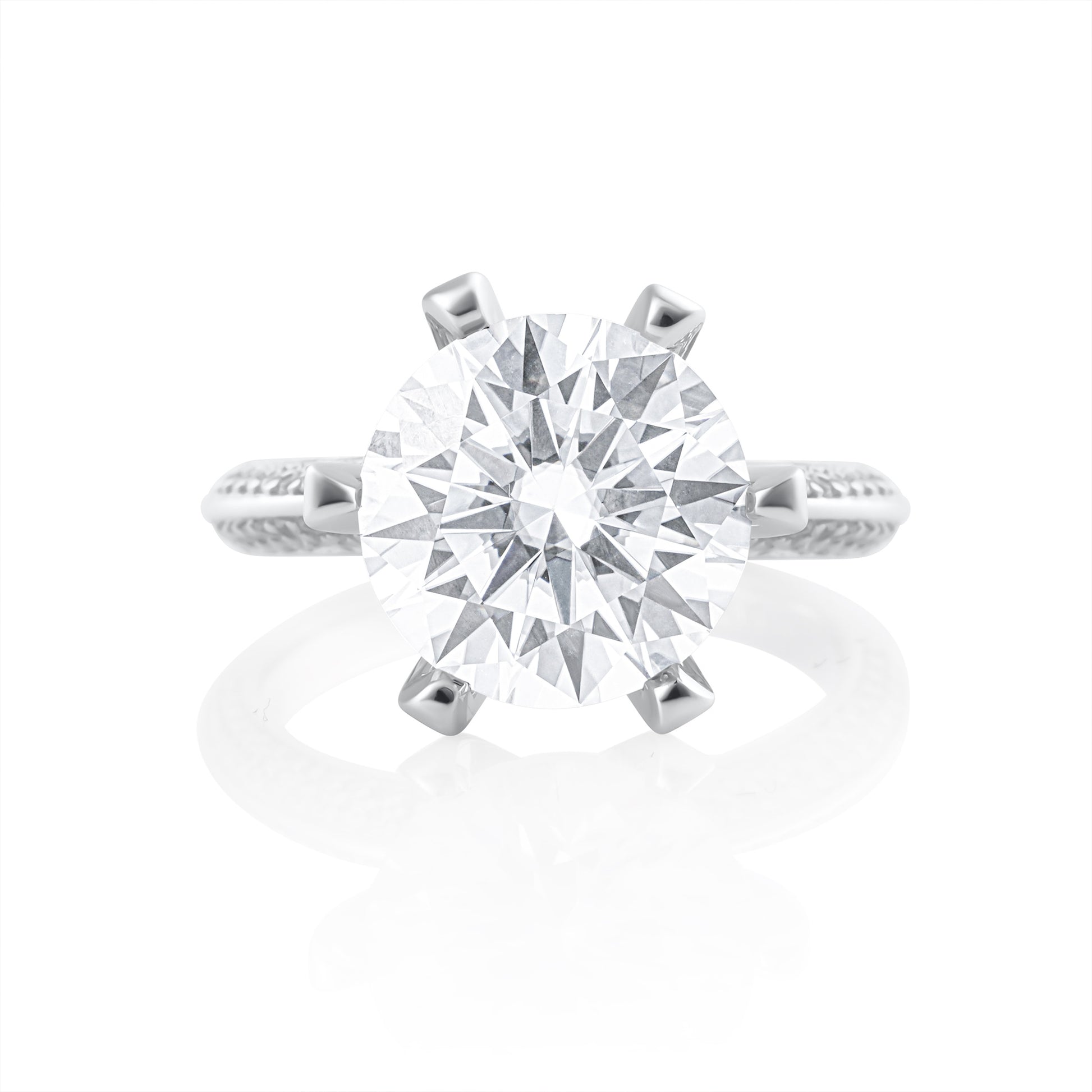 Front view of solitaire ring with 5 ct brilliant cut moissanite in 925 sterling silver