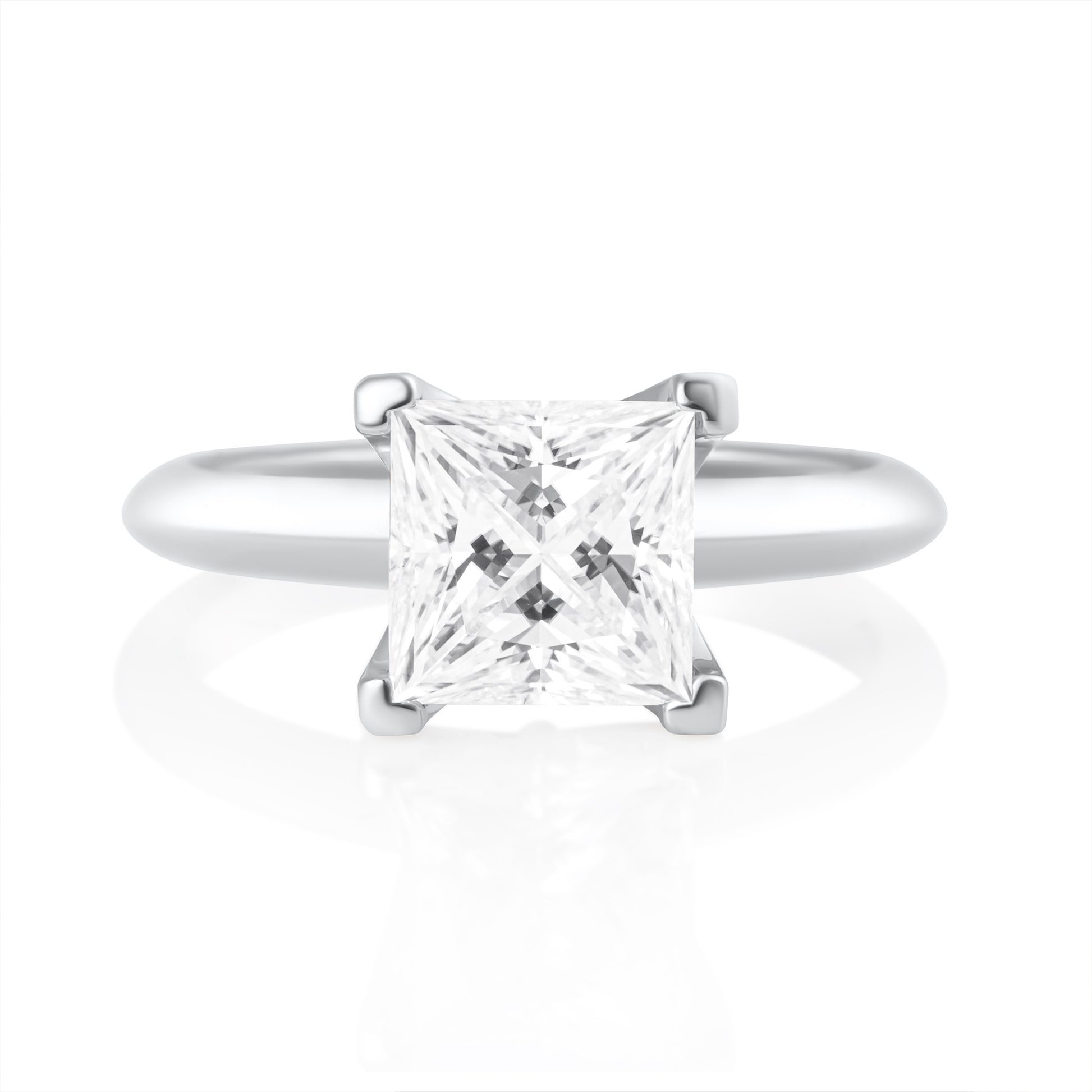 Front view of princess cut moissanite ring with 2 ct center stone in 925 sterling silver