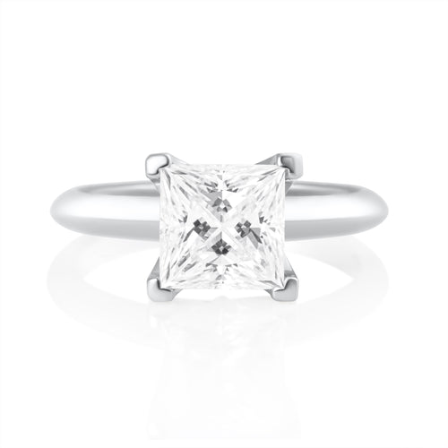 Front view of princess cut moissanite ring with 2 ct center stone in 925 sterling silver