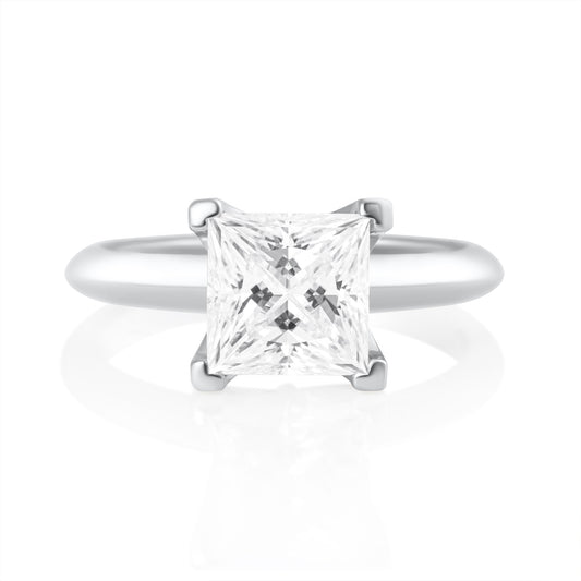 Front view of princess cut moissanite ring with 2 ct center stone in 925 sterling silver
