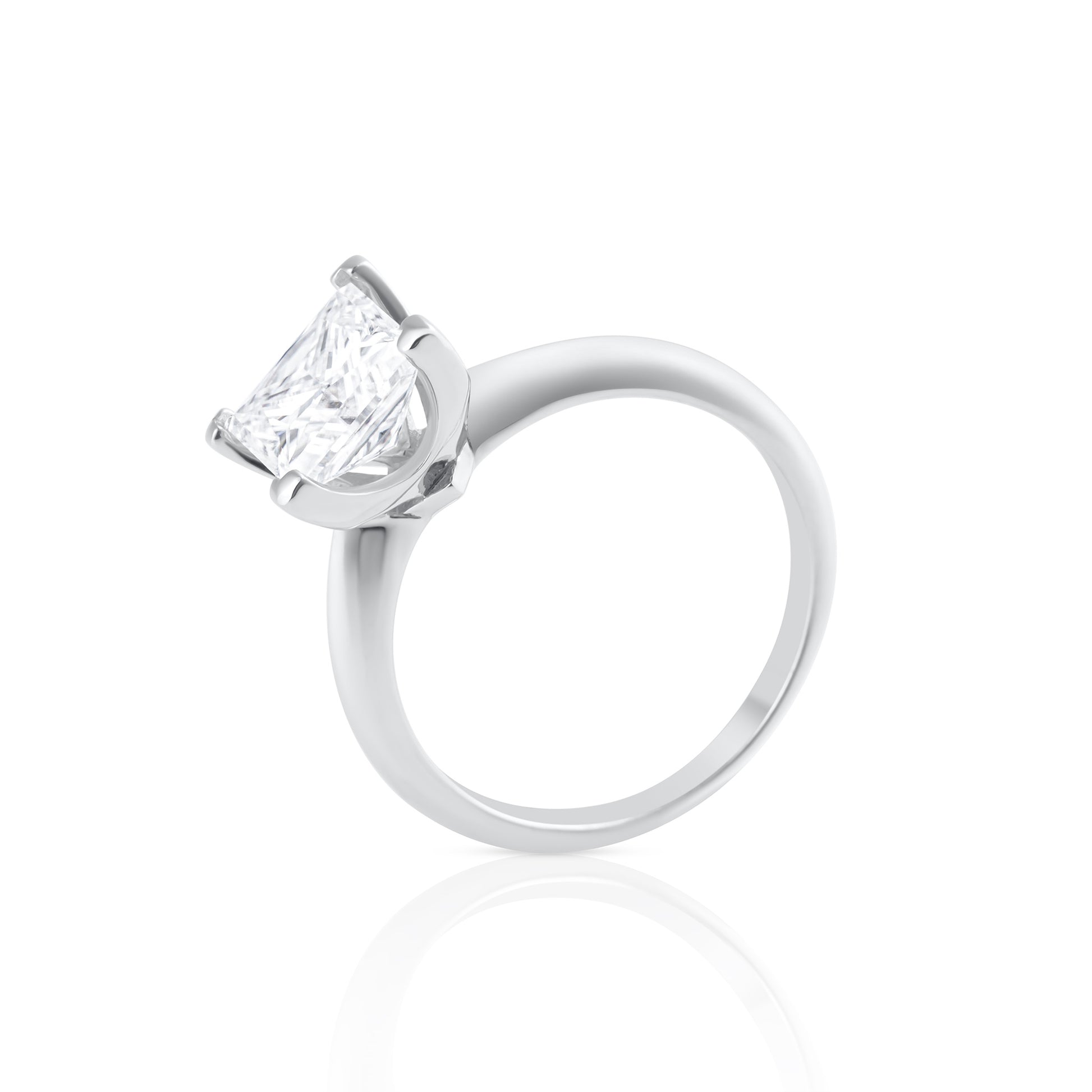 Side view of princess cut moissanite ring with 2 ct center stone in 925 sterling silver