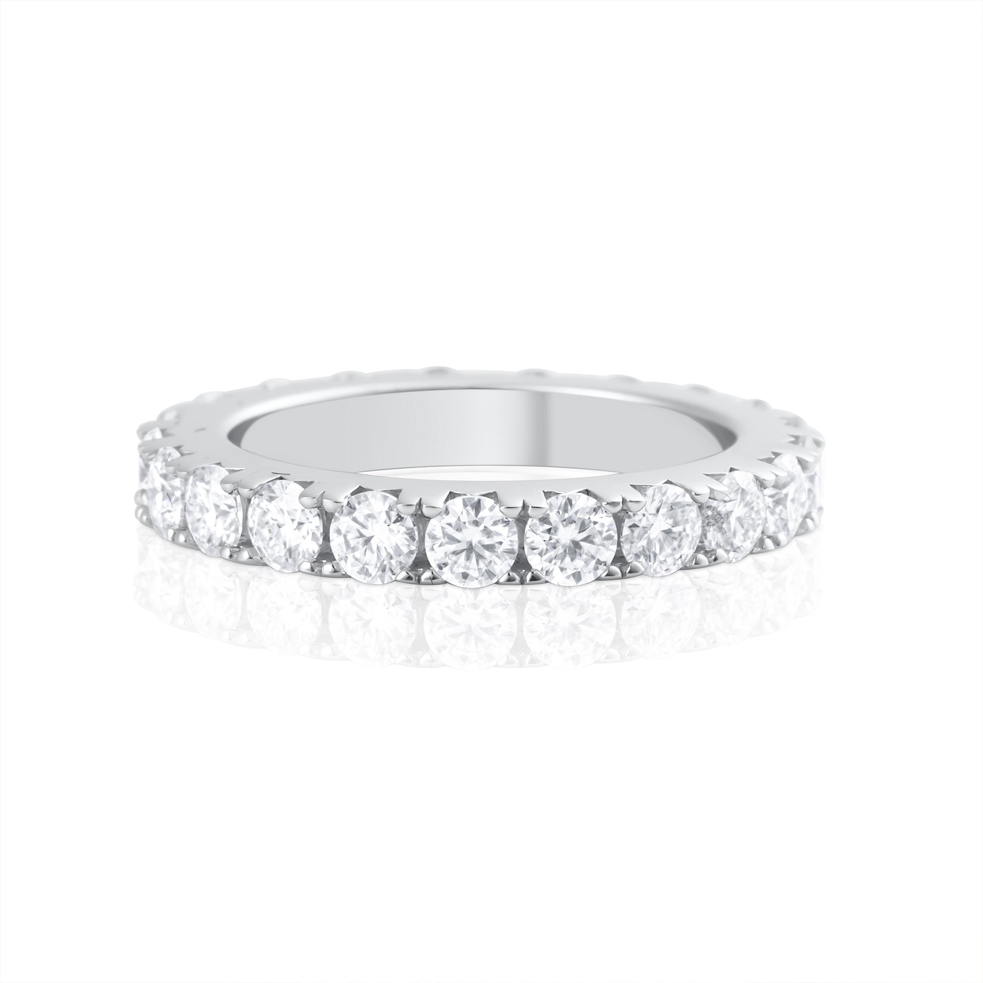 Front view of eternity ring with brilliant cut moissanite stones set in 925 sterling silver
