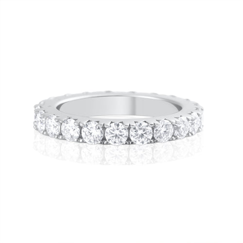 Front view of eternity ring with brilliant cut moissanite stones set in 925 sterling silver