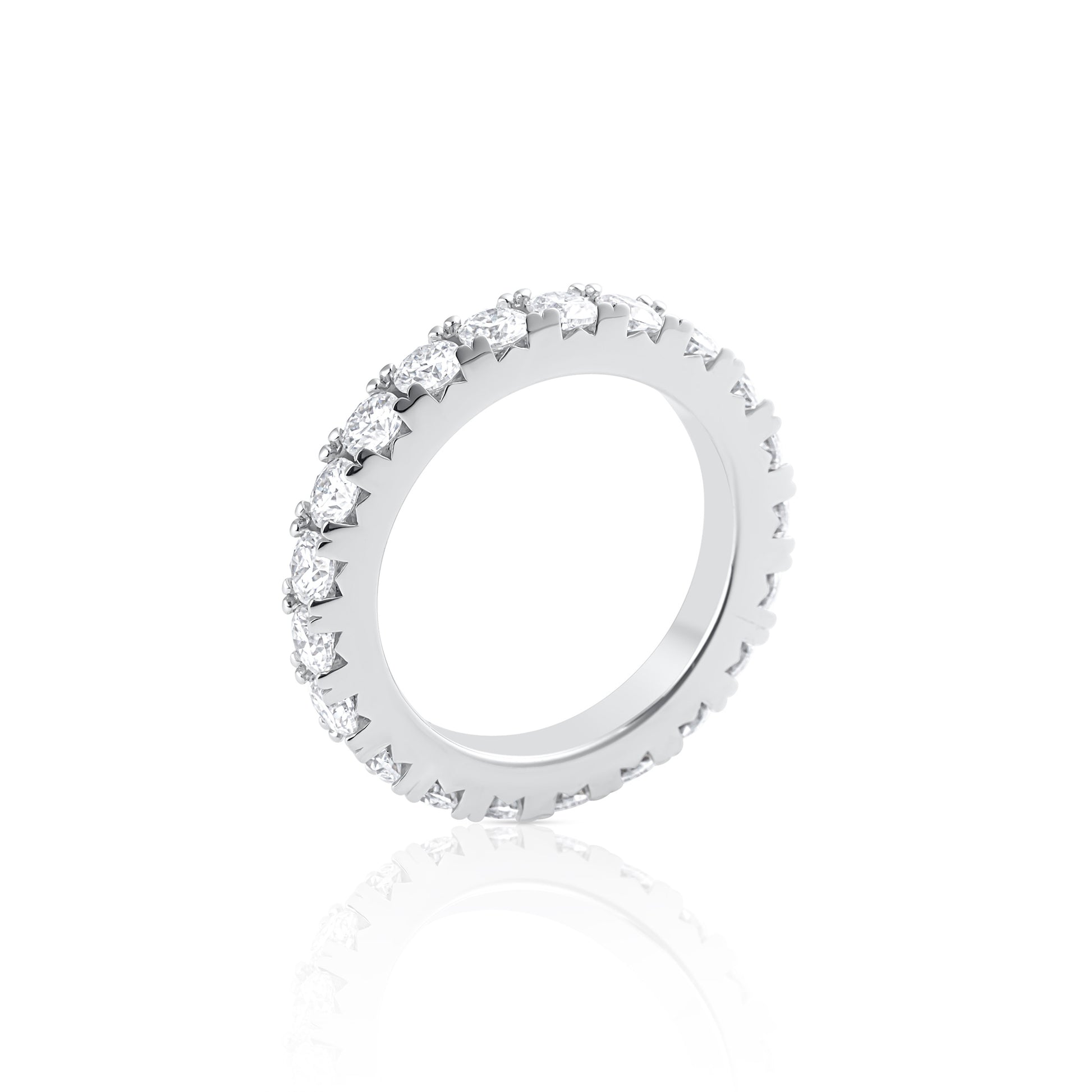 Side view of eternity ring with brilliant cut moissanite stones in 925 sterling silver