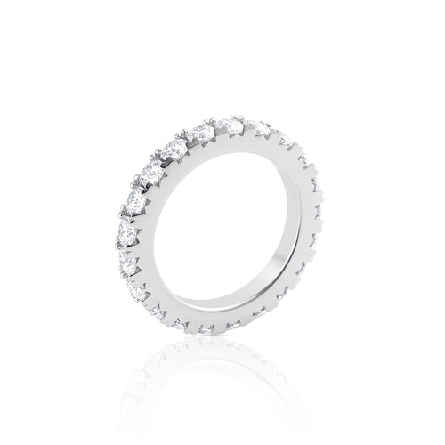 Side view of eternity ring with brilliant cut moissanite stones in 925 sterling silver