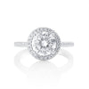 Front view of round halo moissanite ring with 2 ct brilliant cut center stone in 925 sterling silver