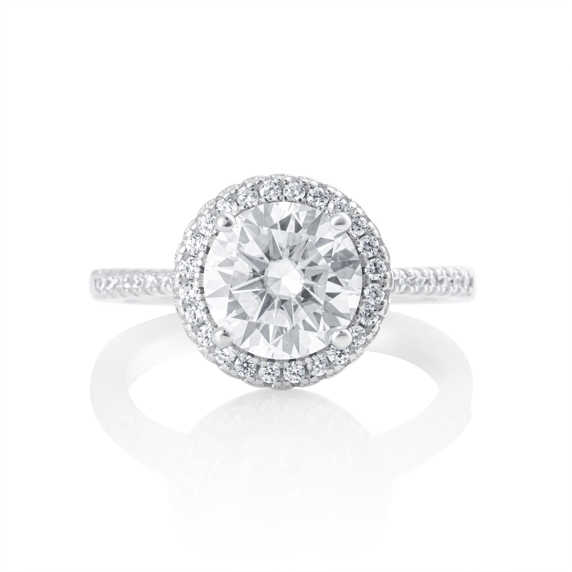 Front view of round halo moissanite ring with 2 ct brilliant cut center stone in 925 sterling silver
