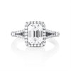 Front view of emerald cut moissanite ring with 2 ct center stone and halo setting in 925 sterling silver