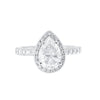 Pear cut 2 ct moissanite ring with halo setting in platinum plated 925 sterling silver front view