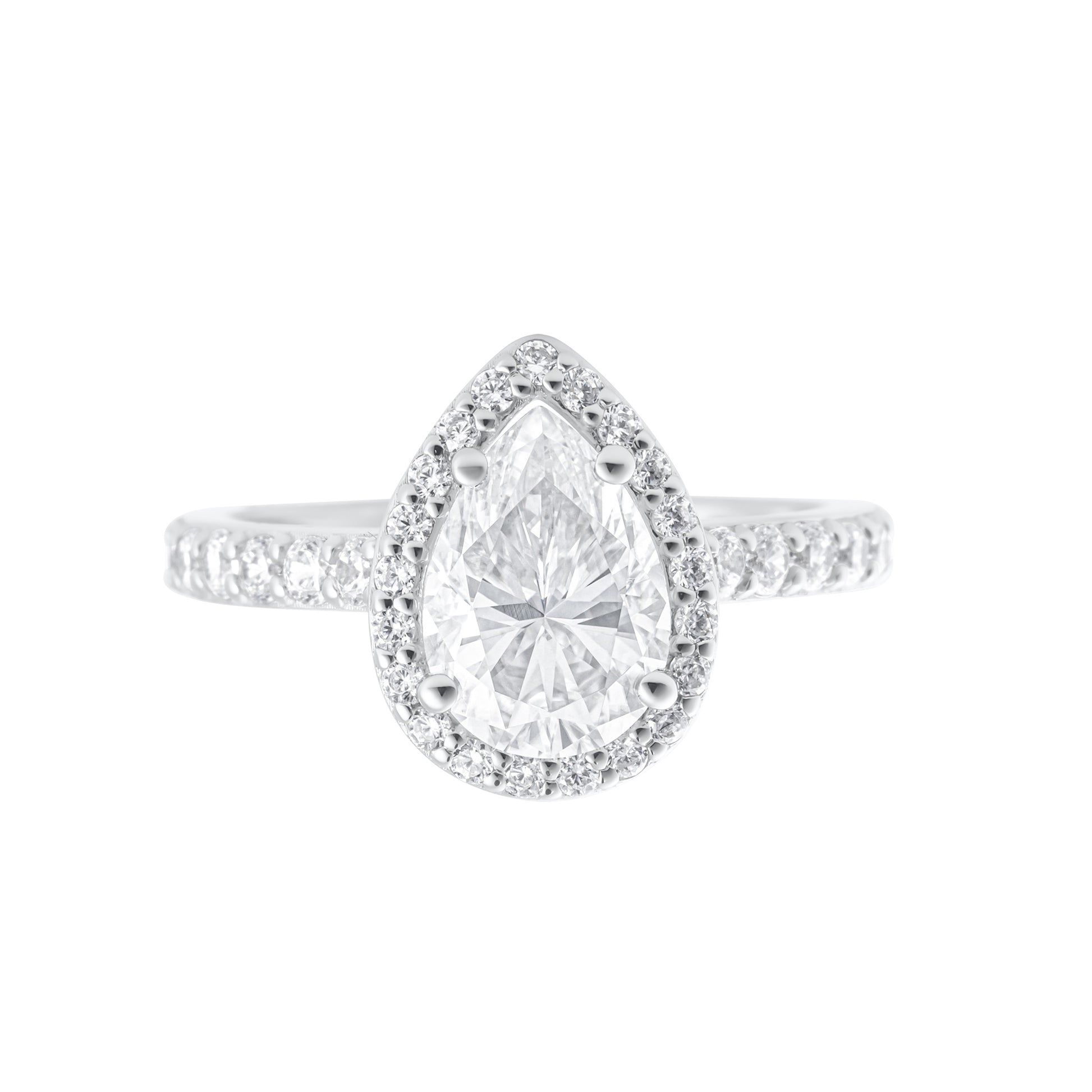 Pear cut 2 ct moissanite ring with halo setting in platinum plated 925 sterling silver front view