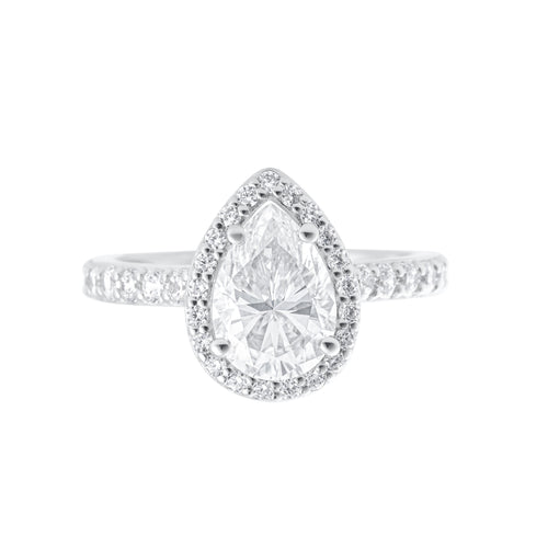 Pear cut 2 ct moissanite ring with halo setting in platinum plated 925 sterling silver front view