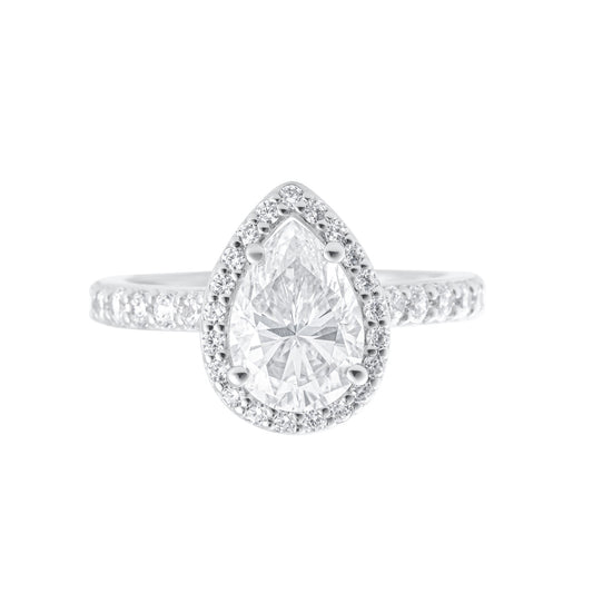 Pear cut 2 ct moissanite ring with halo setting in platinum plated 925 sterling silver front view