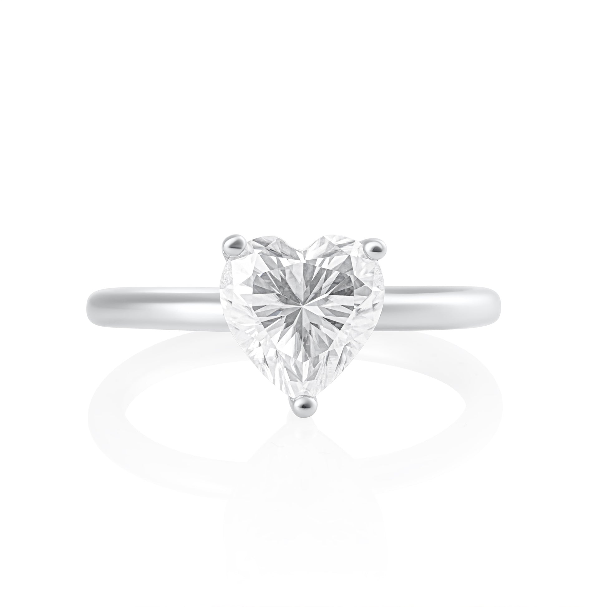 Cuore heart shaped emerald cut 2 ct moissanite ring in platinum plated 925 sterling silver front view
