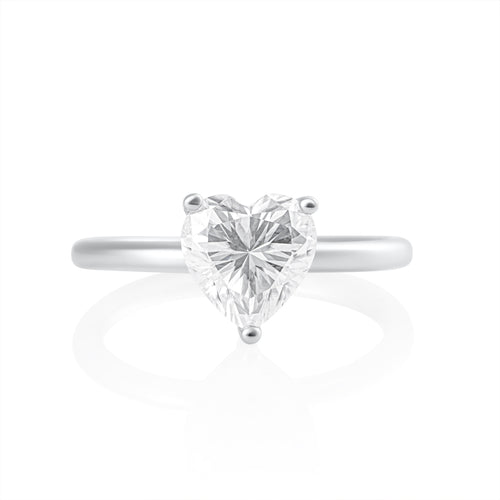 Cuore heart shaped emerald cut 2 ct moissanite ring in platinum plated 925 sterling silver front view