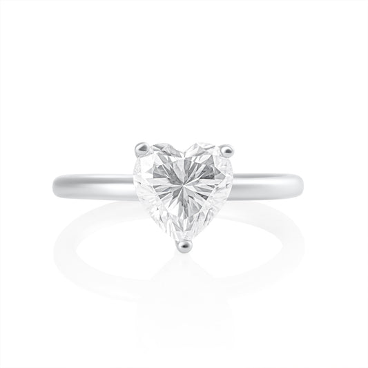 Cuore heart shaped emerald cut 2 ct moissanite ring in platinum plated 925 sterling silver front view