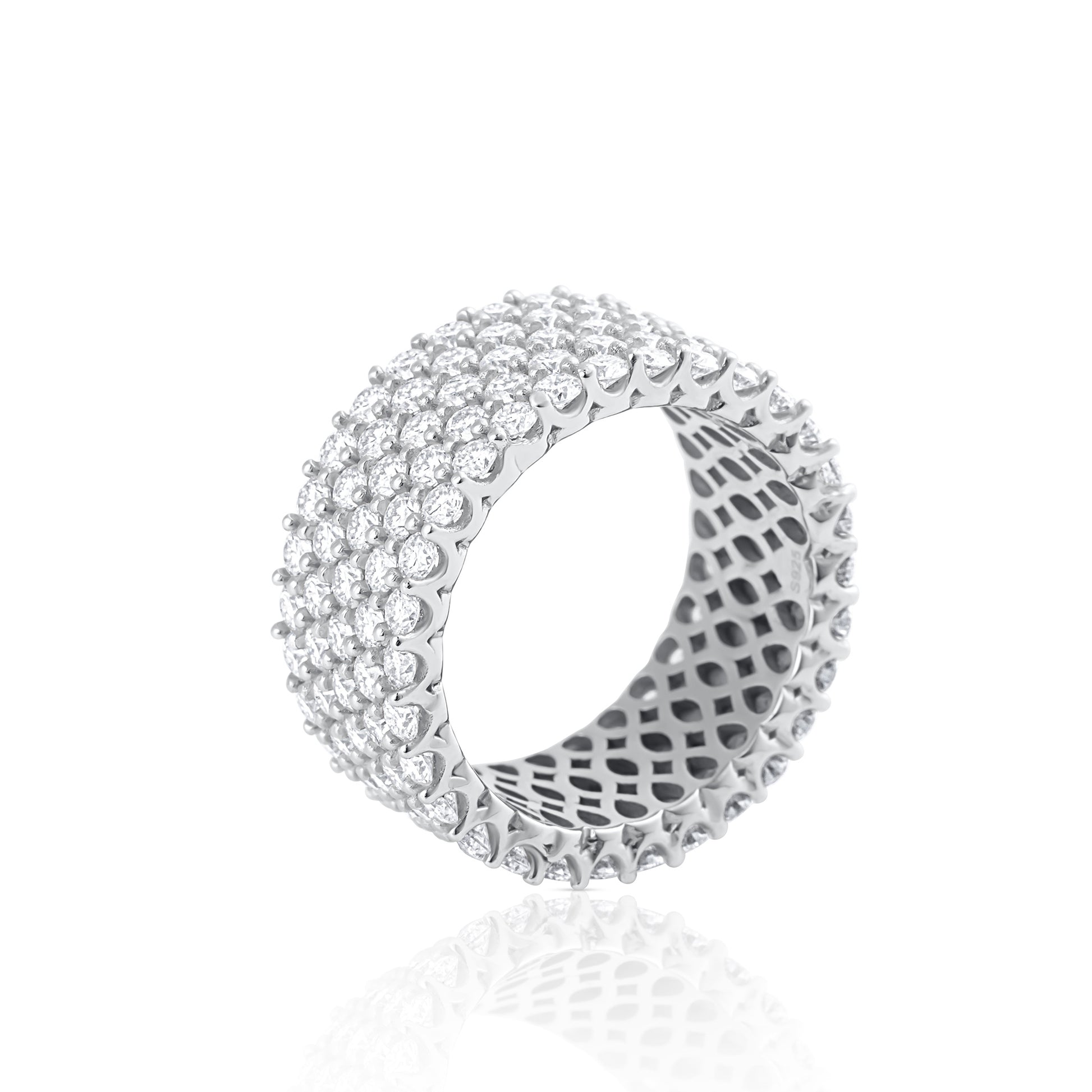 Wide eternity band with brilliant cut moissanite in sterling silver side view