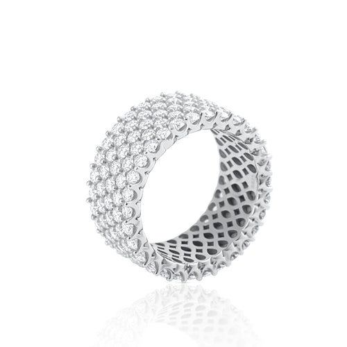 Wide eternity band with brilliant cut moissanite in sterling silver side view