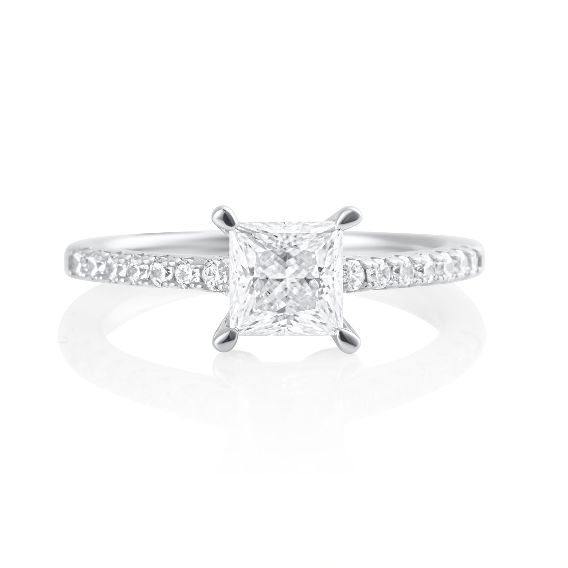 Princess cut 2 ct moissanite ring with side stones in 925 sterling silver front view