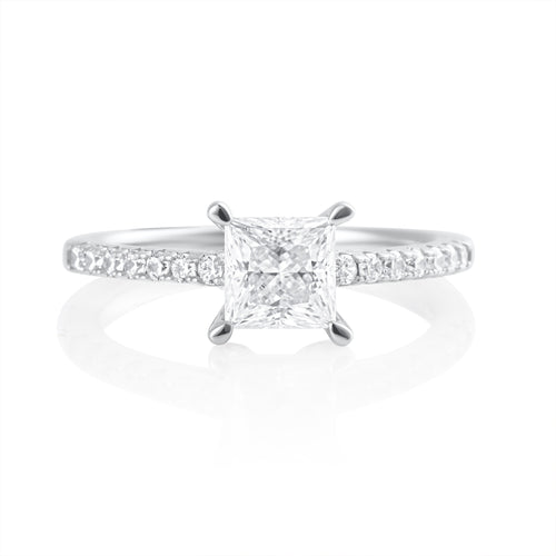 Princess cut 2 ct moissanite ring with side stones in 925 sterling silver front view
