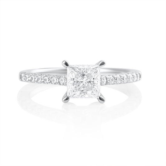 Princess cut 2 ct moissanite ring with side stones in 925 sterling silver front view