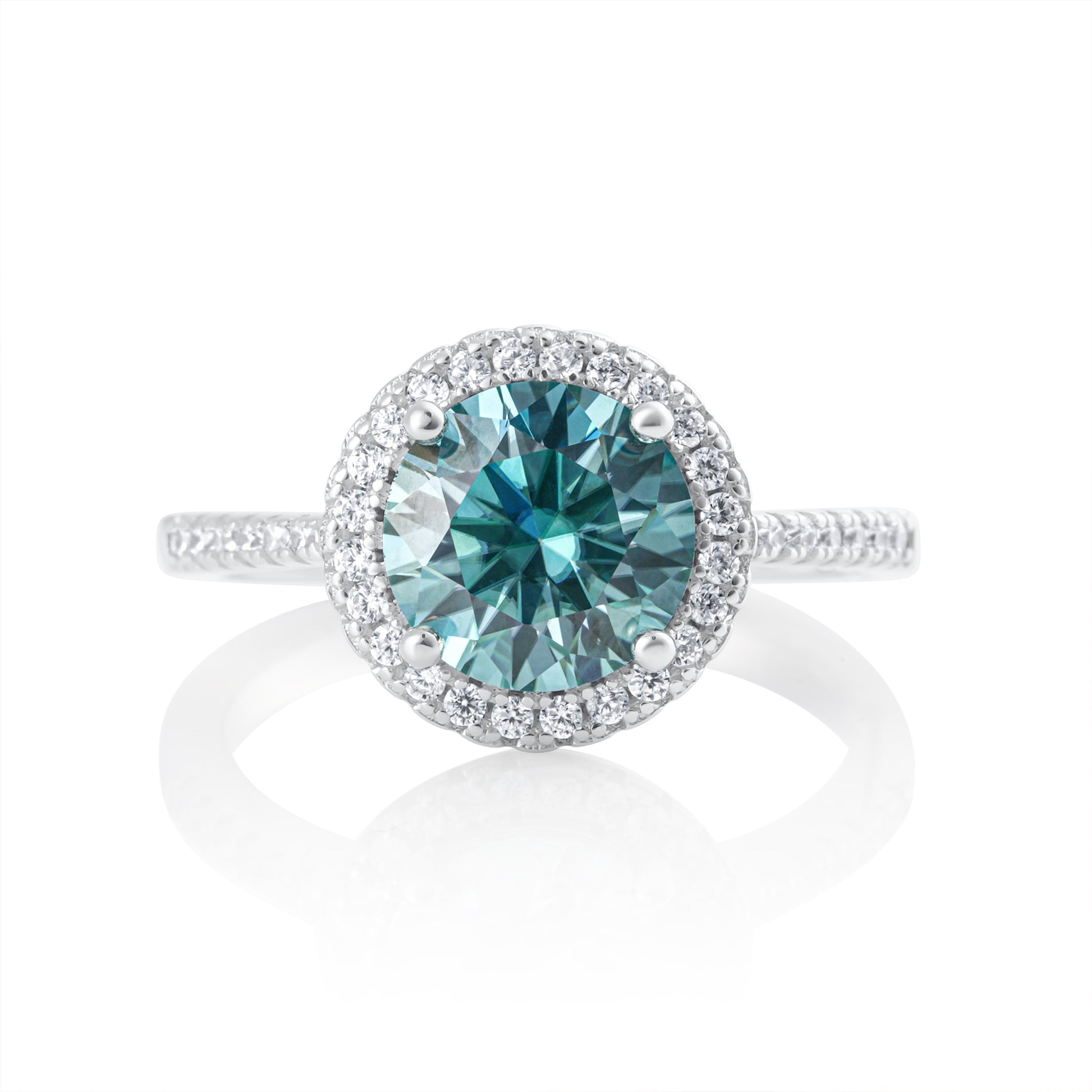 Summer Edition round aquamarine 2ct moissanite ring in 925 sterling silver with halo setting front view