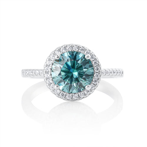 Summer Edition round aquamarine 2ct moissanite ring in 925 sterling silver with halo setting front view