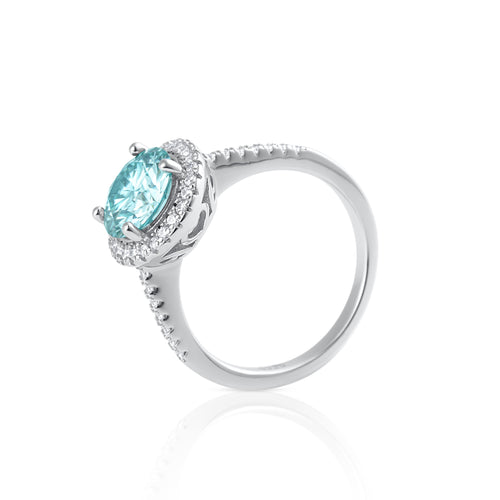 Side profile of Summer Edition round aquamarine 2ct moissanite ring in 925 sterling silver