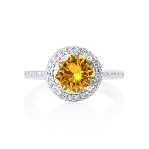 Summer Edition round yellow 2ct moissanite ring in 925 sterling silver with halo setting front view