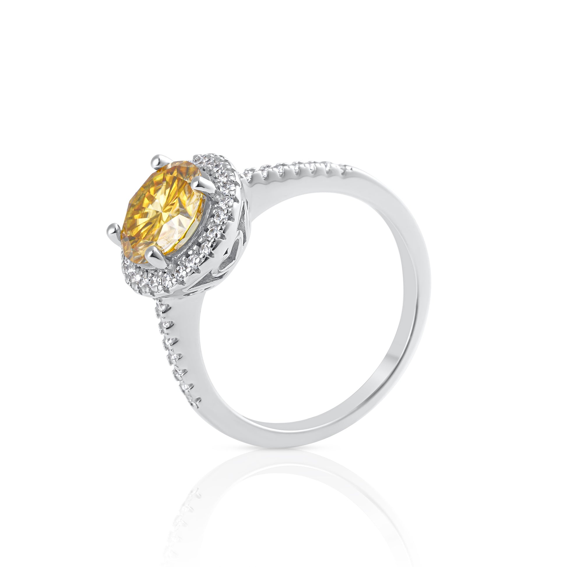 Side profile of Summer Edition round yellow 2ct moissanite ring in 925 sterling silver