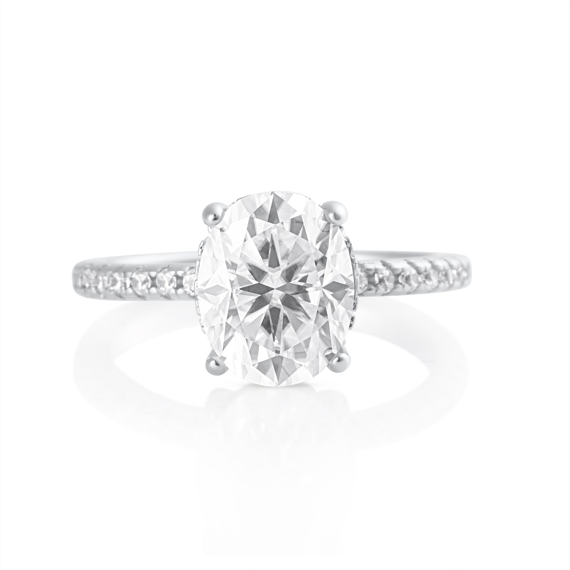 Oval cut 3ct moissanite ring in 925 sterling silver with pavé band detail front view