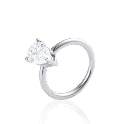 Side view of pear cut 3 ct moissanite ring in polished 925 sterling silver