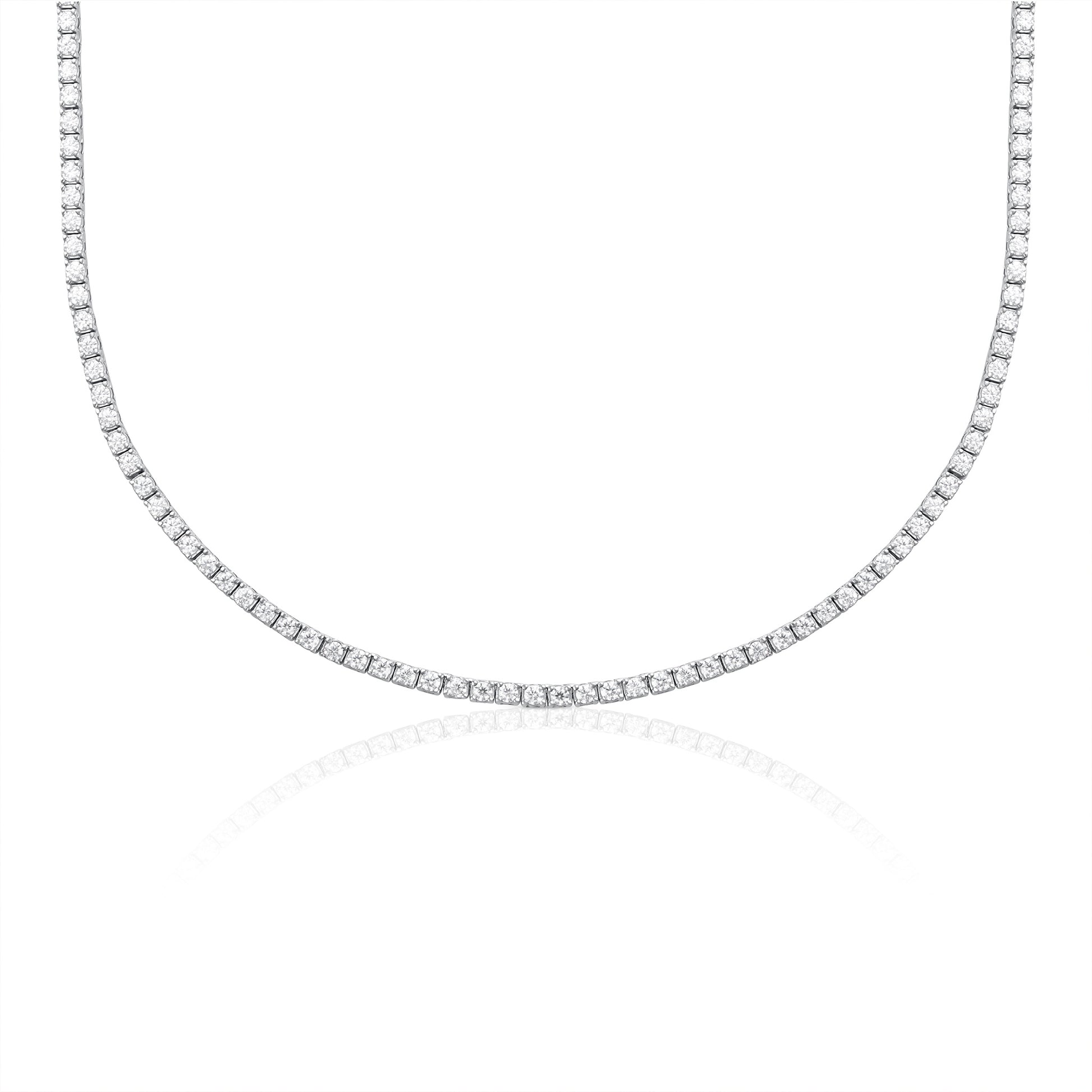 Luxury tennis necklace with brilliant cut moissanite stones in 925 sterling silver displayed on a white background with reflective surface.
