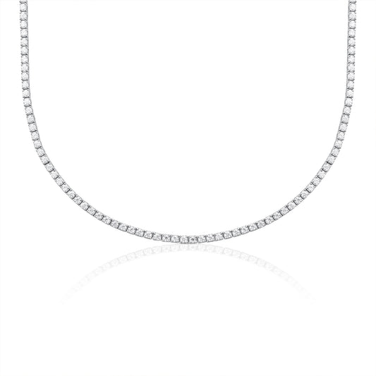 Luxury tennis necklace with brilliant cut moissanite stones in 925 sterling silver displayed on a white background with reflective surface.