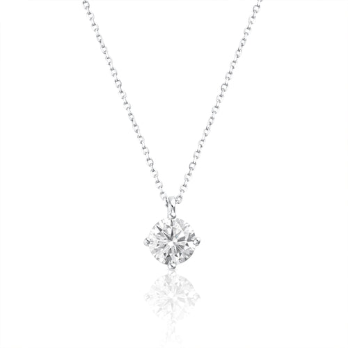 Light Point necklace with 2 ct round brilliant cut moissanite in 925 sterling silver displayed on a white background with reflective surface.