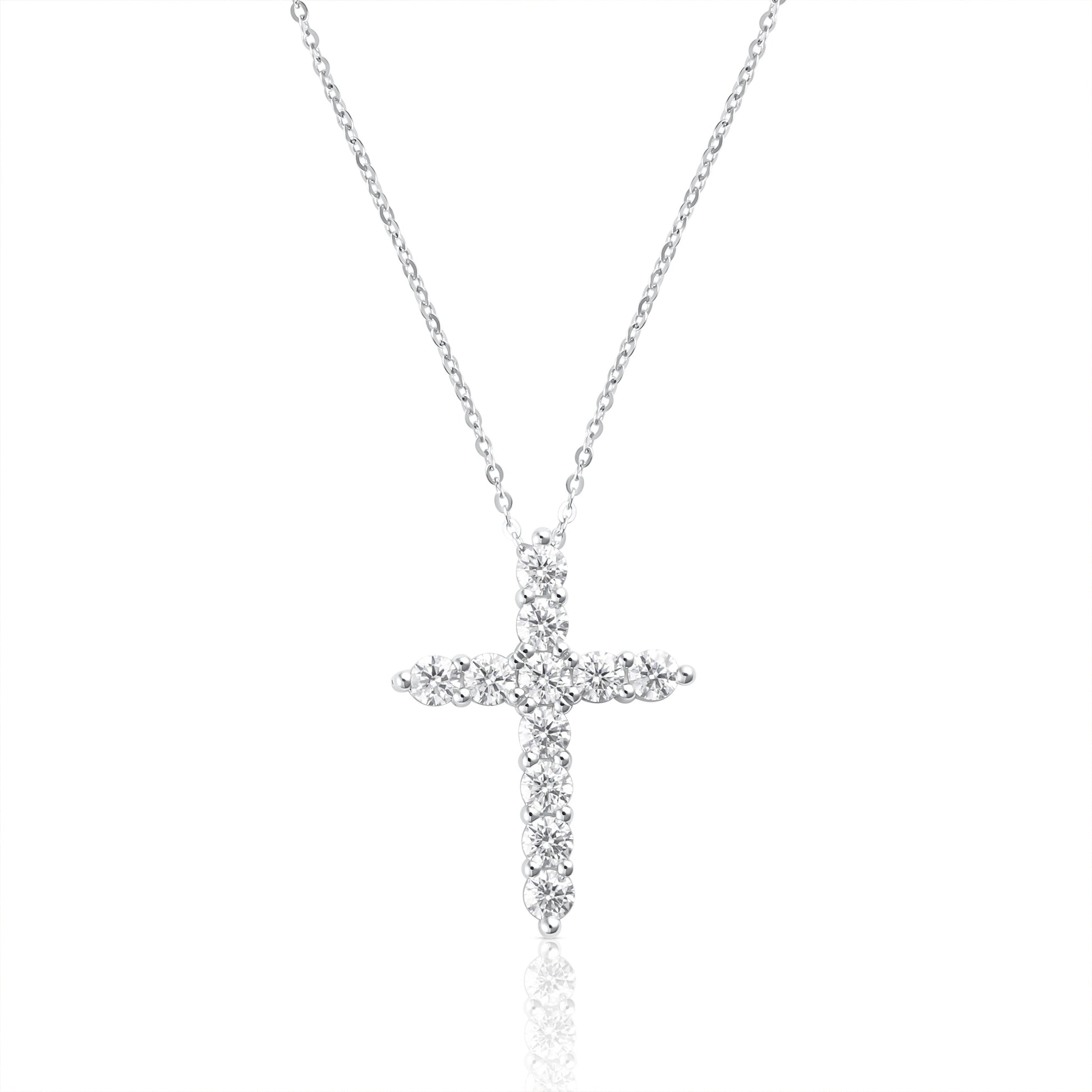 3mm cross necklace with brilliant cut moissanite in 925 sterling silver on a white background.