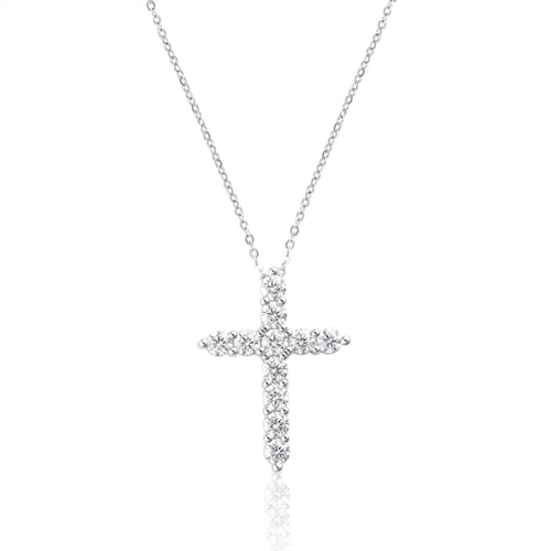 3mm cross necklace with brilliant cut moissanite in 925 sterling silver on a white background.