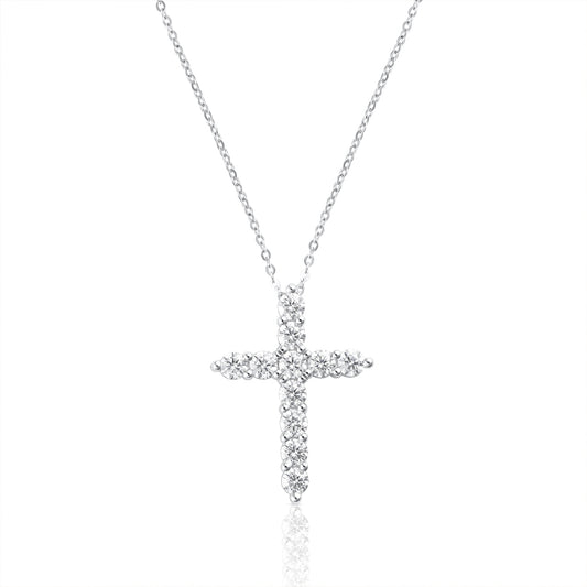 3mm cross necklace with brilliant cut moissanite in 925 sterling silver on a white background.