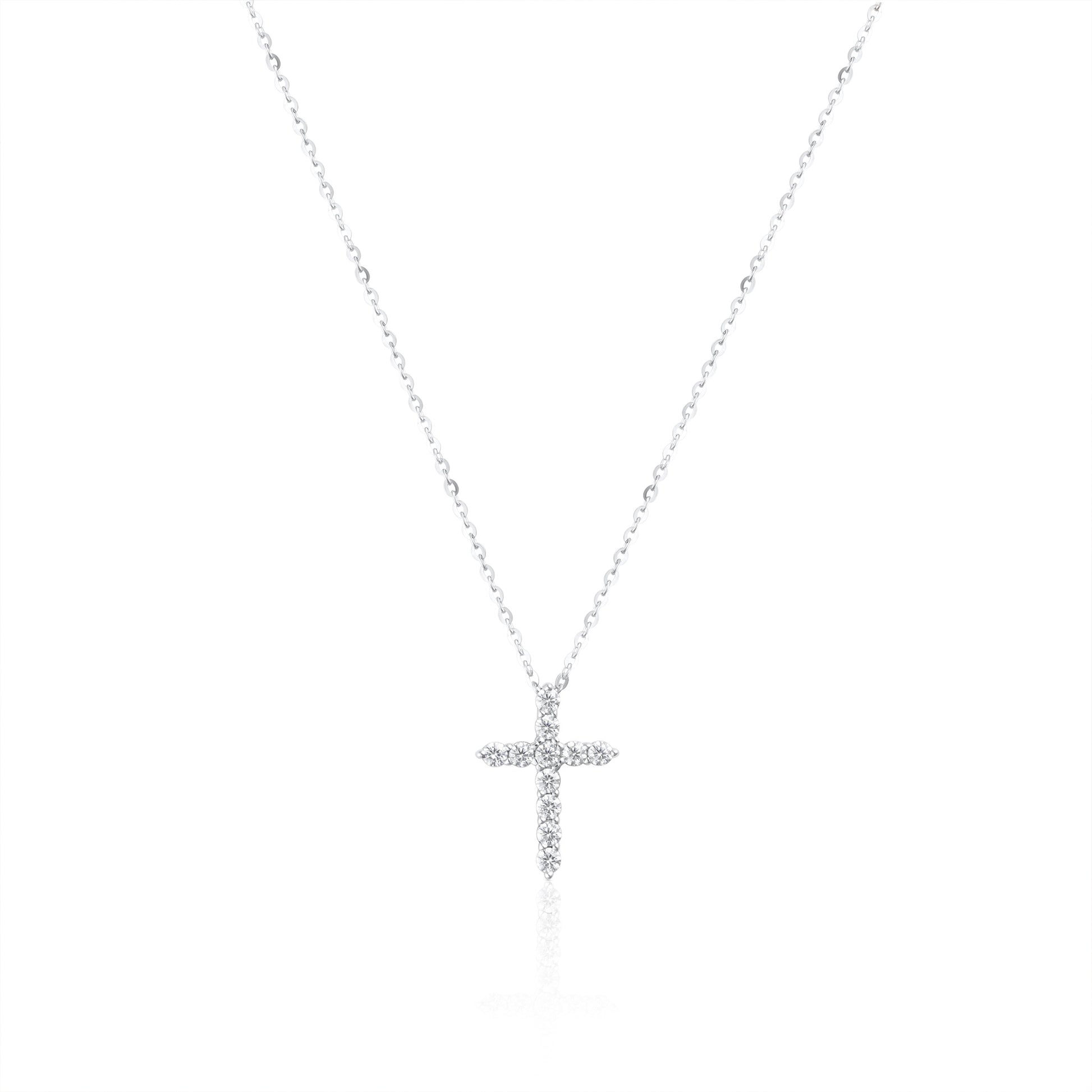 2mm cross necklace with brilliant cut gemstones in 925 sterling silver on a white background.