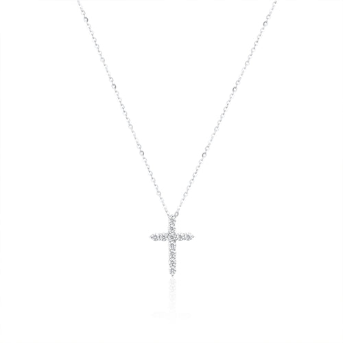 2mm cross necklace with brilliant cut gemstones in 925 sterling silver on a white background.