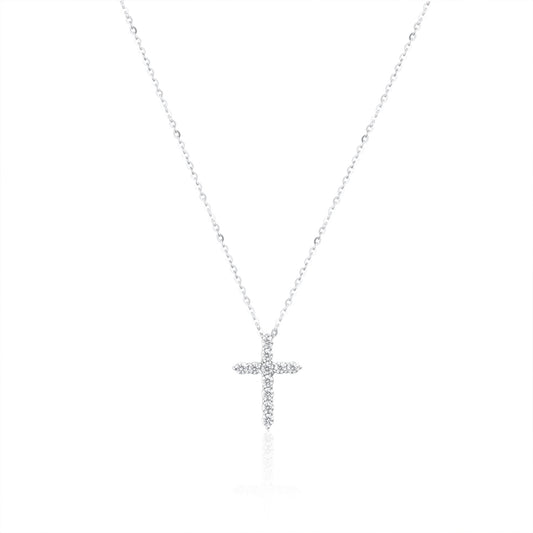 2mm cross necklace with brilliant cut gemstones in 925 sterling silver on a white background.