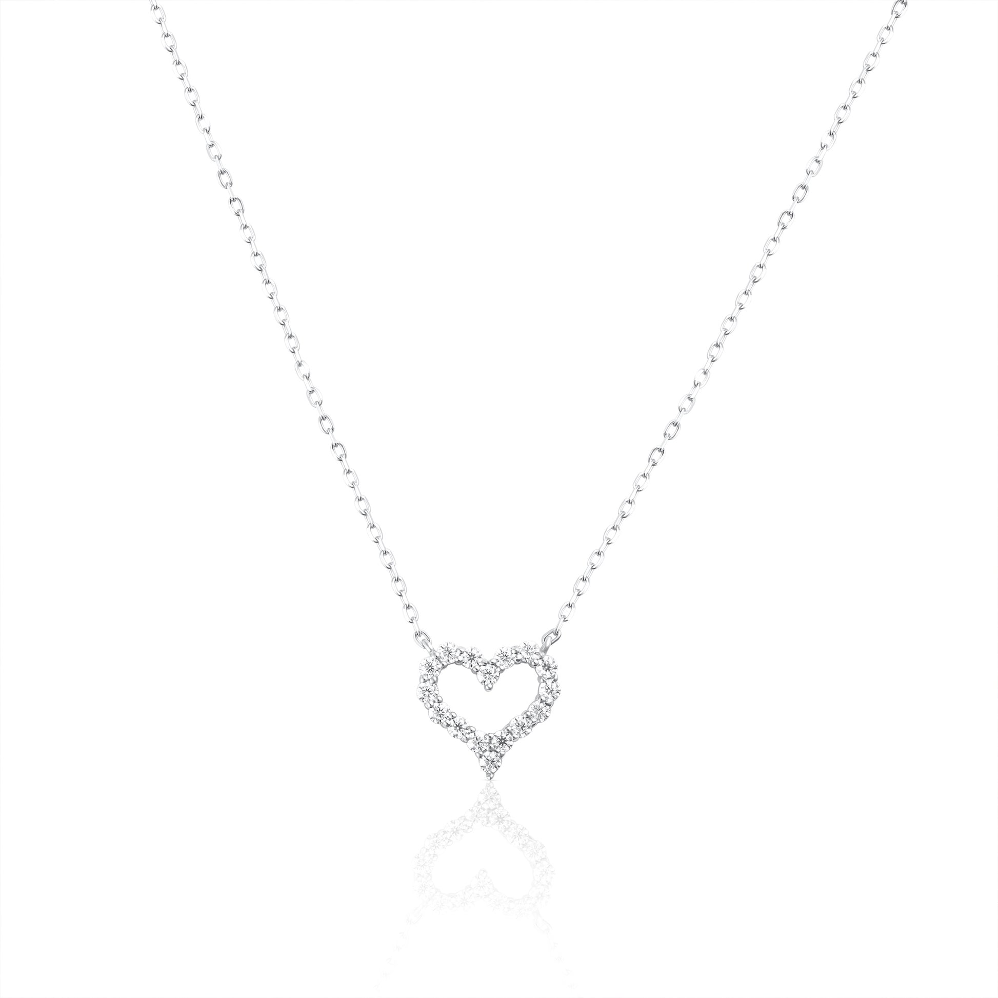 Heart necklace with brilliant cut gemstones in 925 sterling silver on a white background.